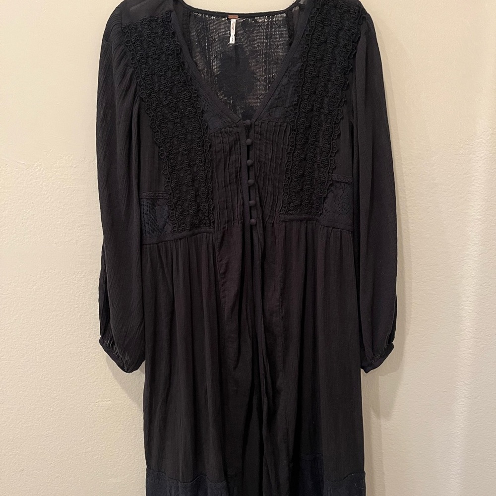 Free People Black Lace-Trim Button-Front Midi Dress